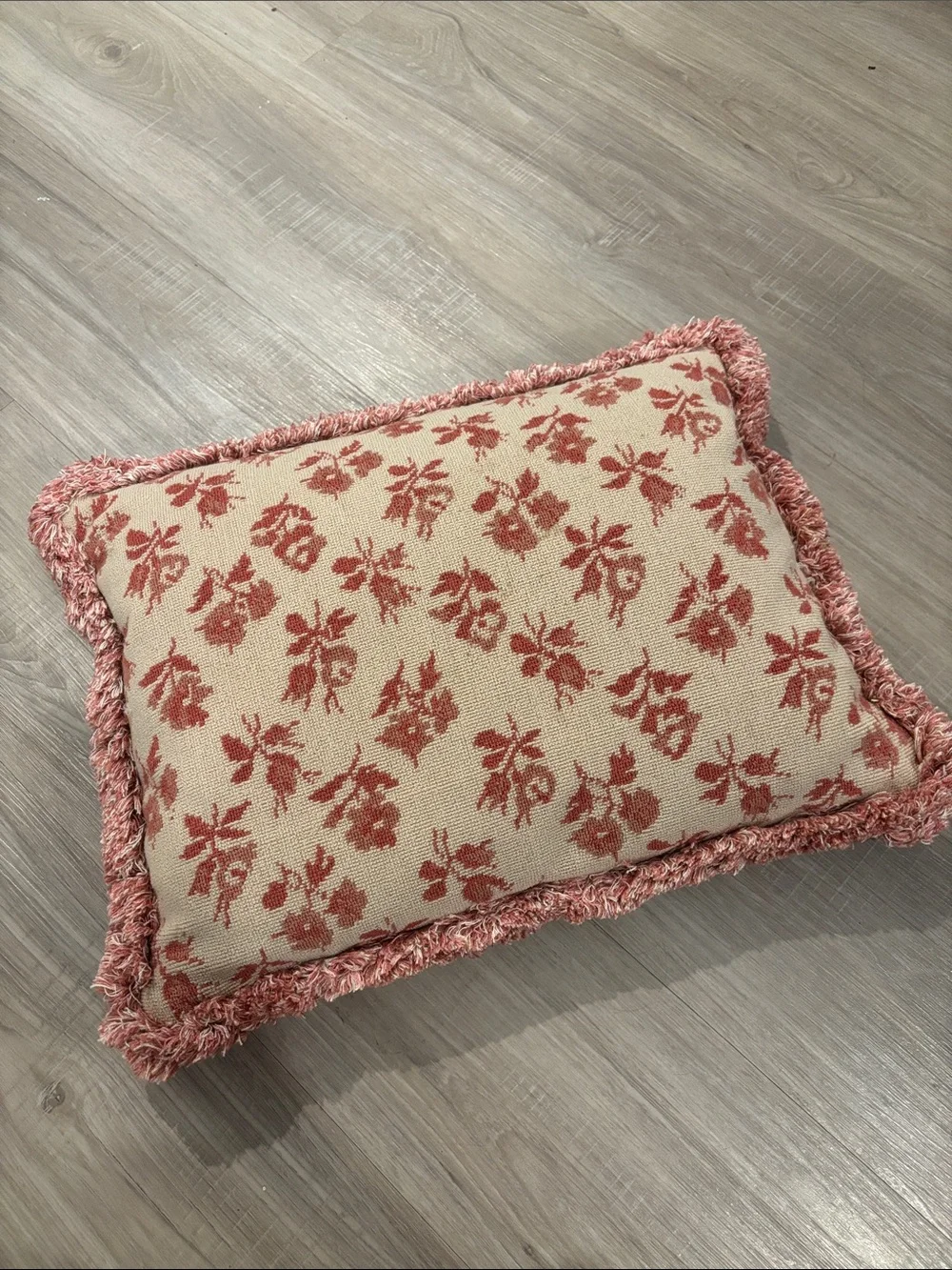 French floral throw pillow with fringe trim